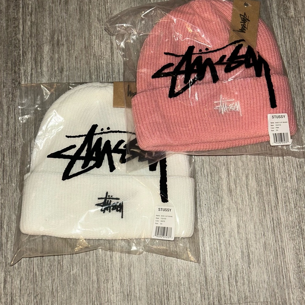 Stussy Kids Pink and White Beanie Set
